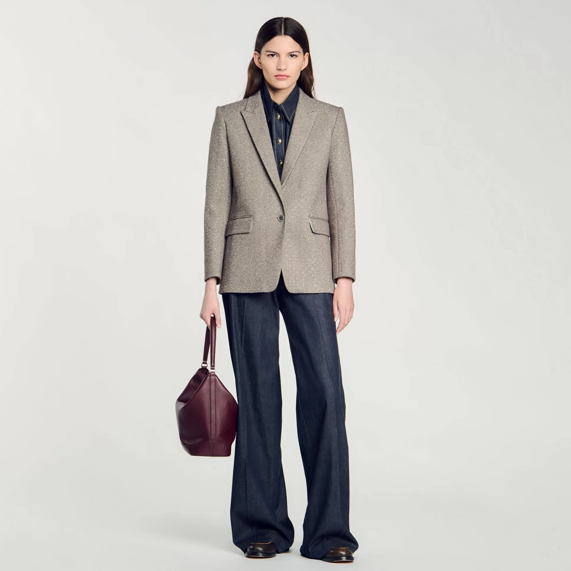 Blousons & Jacken>Sandro Blazer Mit Fischgrätenmuster Beige