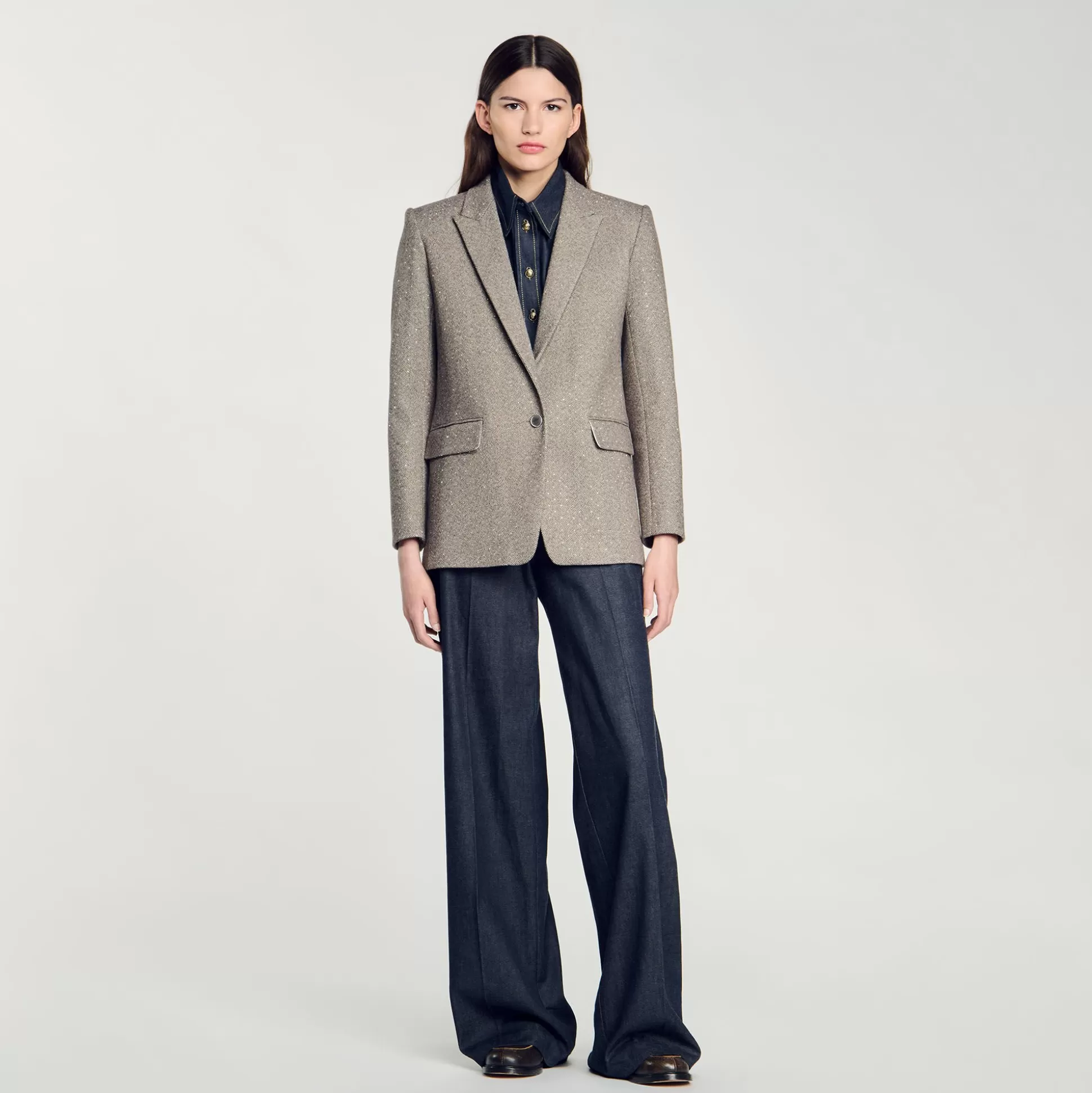 Blousons & Jacken>Sandro Blazer Mit Fischgrätenmuster Beige