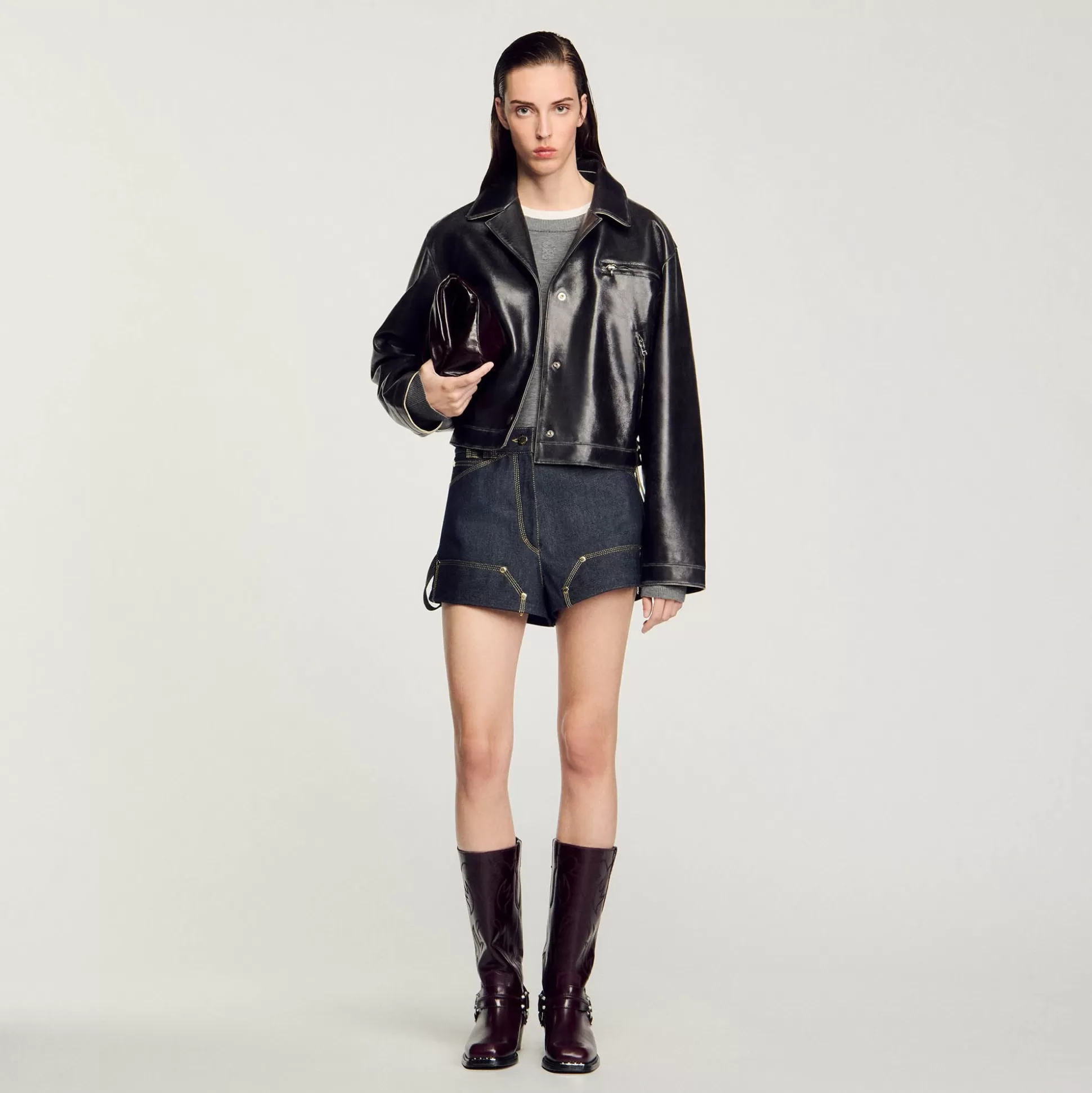 Blousons & Jacken>Sandro Blouson Aus Leder Im Vintage-Stil Schwarz