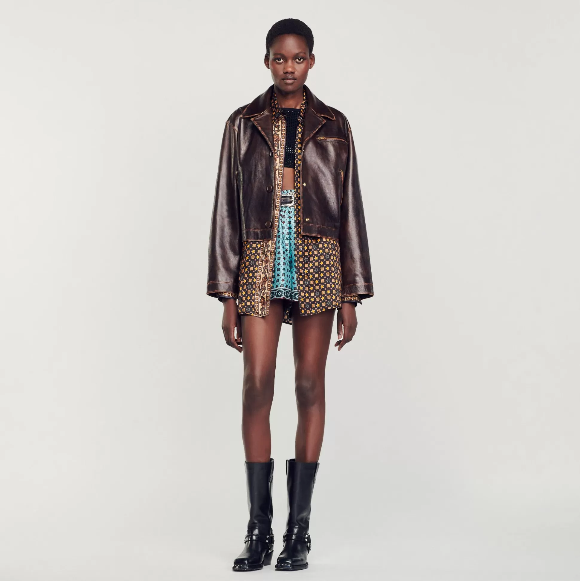 Blousons & Jacken>Sandro Blouson Aus Leder Im Vintage-Stil Dunkel-Braun
