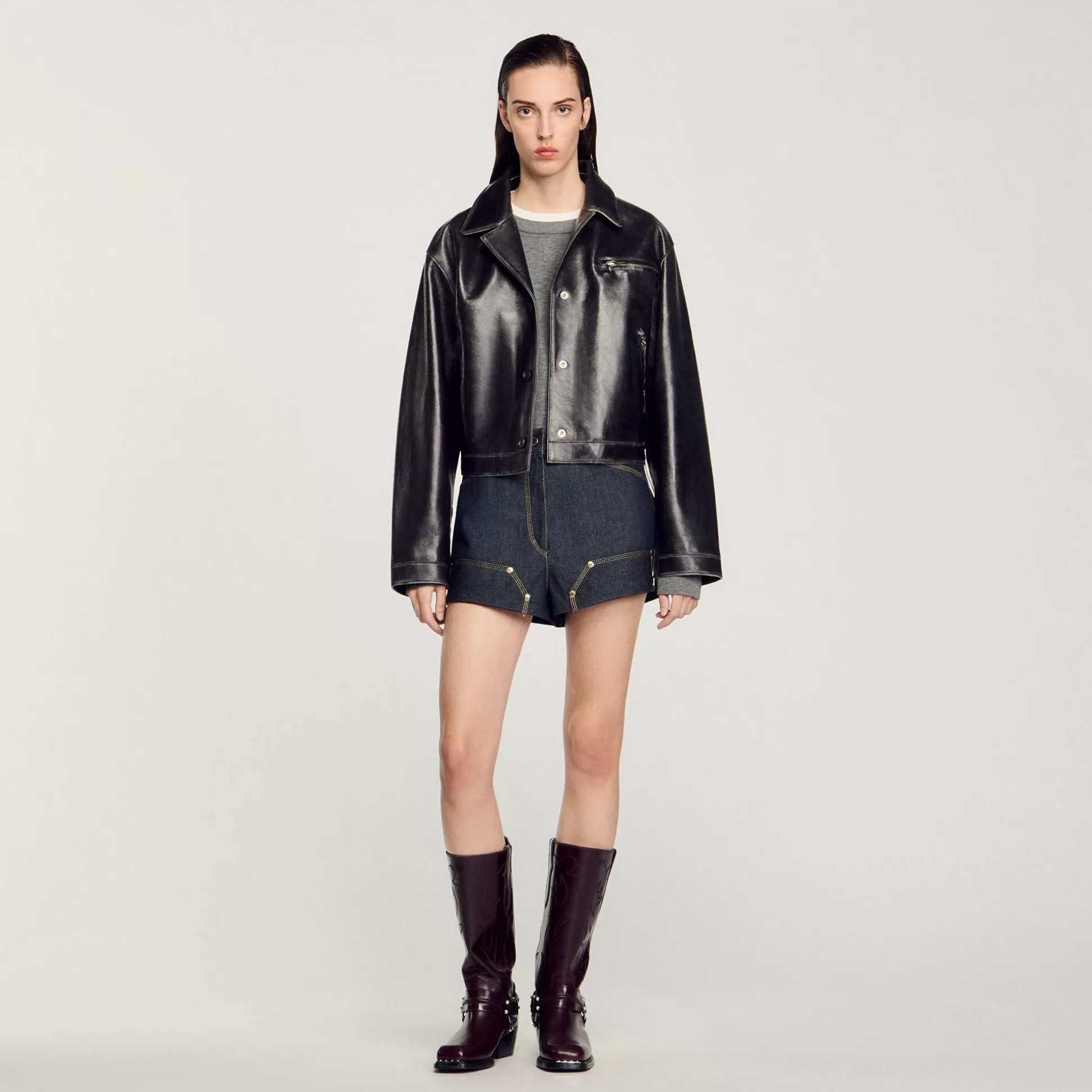 Blousons & Jacken>Sandro Blouson Aus Leder Im Vintage-Stil Schwarz