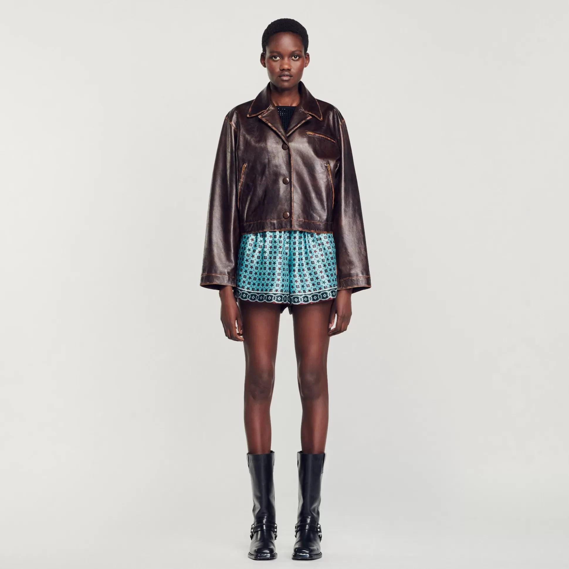 Blousons & Jacken>Sandro Blouson Aus Leder Im Vintage-Stil Dunkel-Braun
