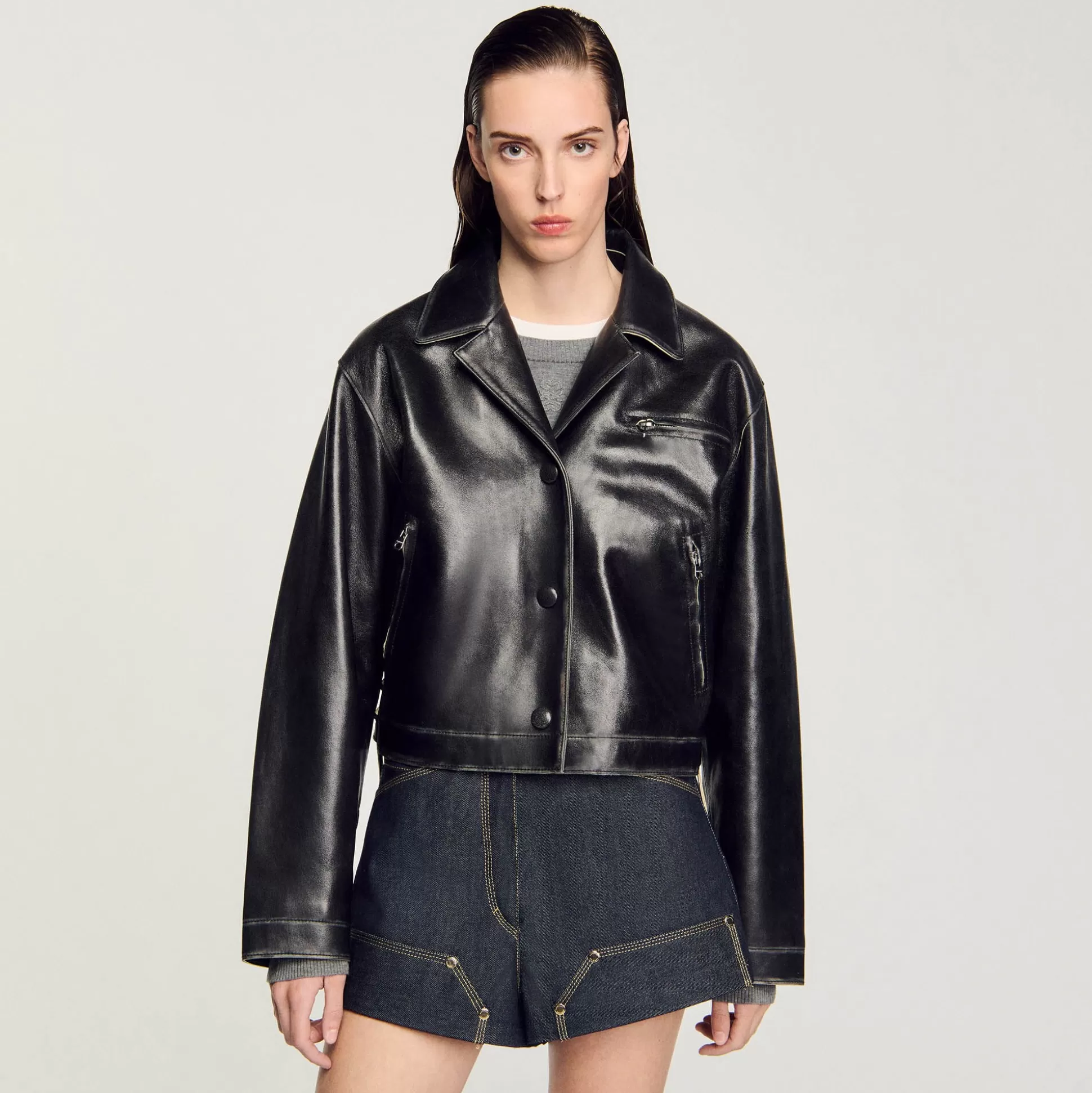 Blousons & Jacken>Sandro Blouson Aus Leder Im Vintage-Stil Schwarz