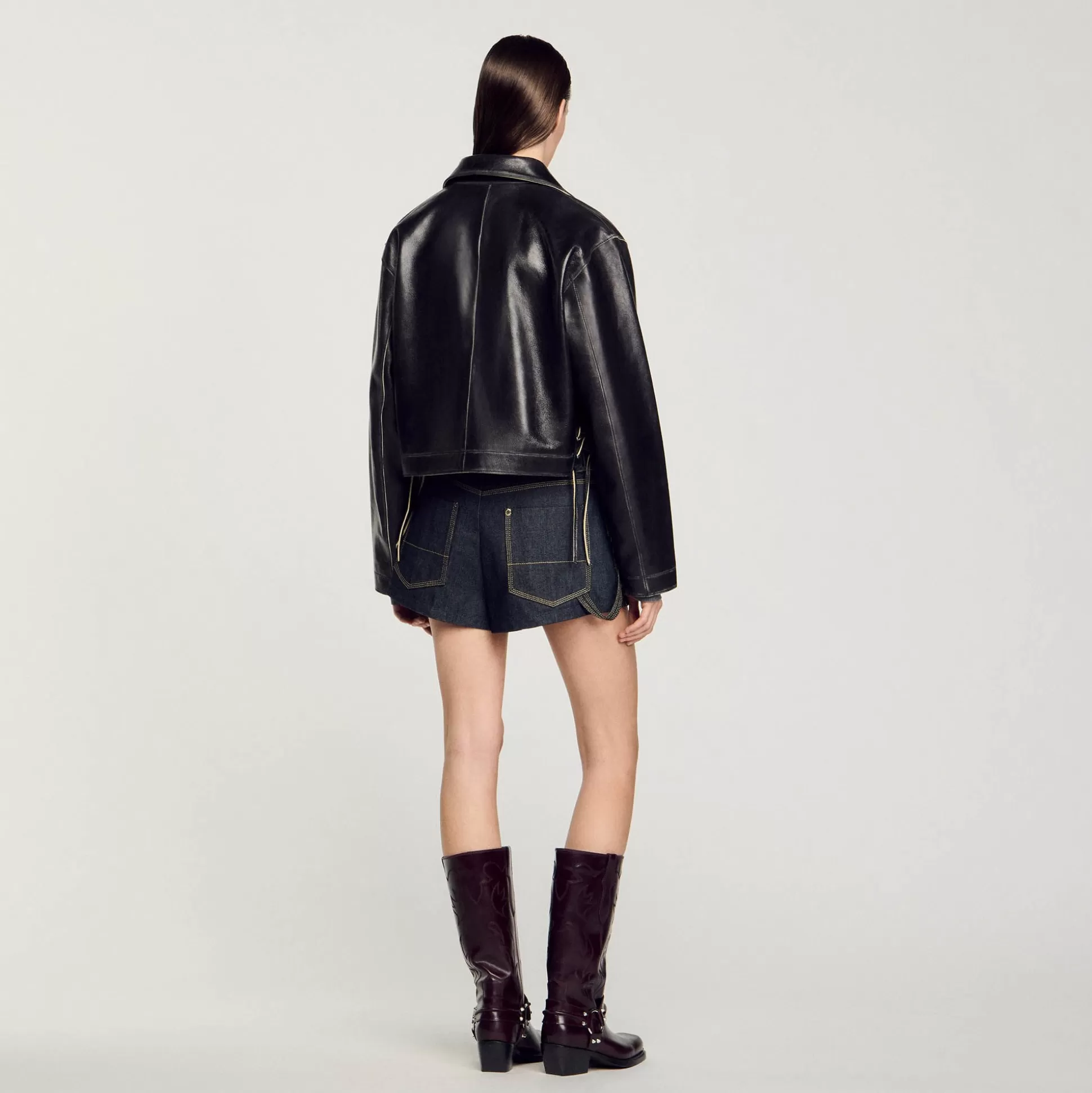 Blousons & Jacken>Sandro Blouson Aus Leder Im Vintage-Stil Schwarz