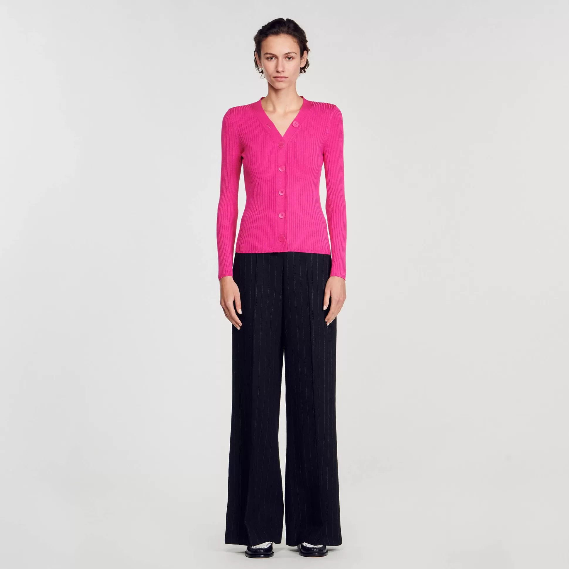 Pullovers & Cardigans>Sandro Cardigan Aus Rippstrick Fushia