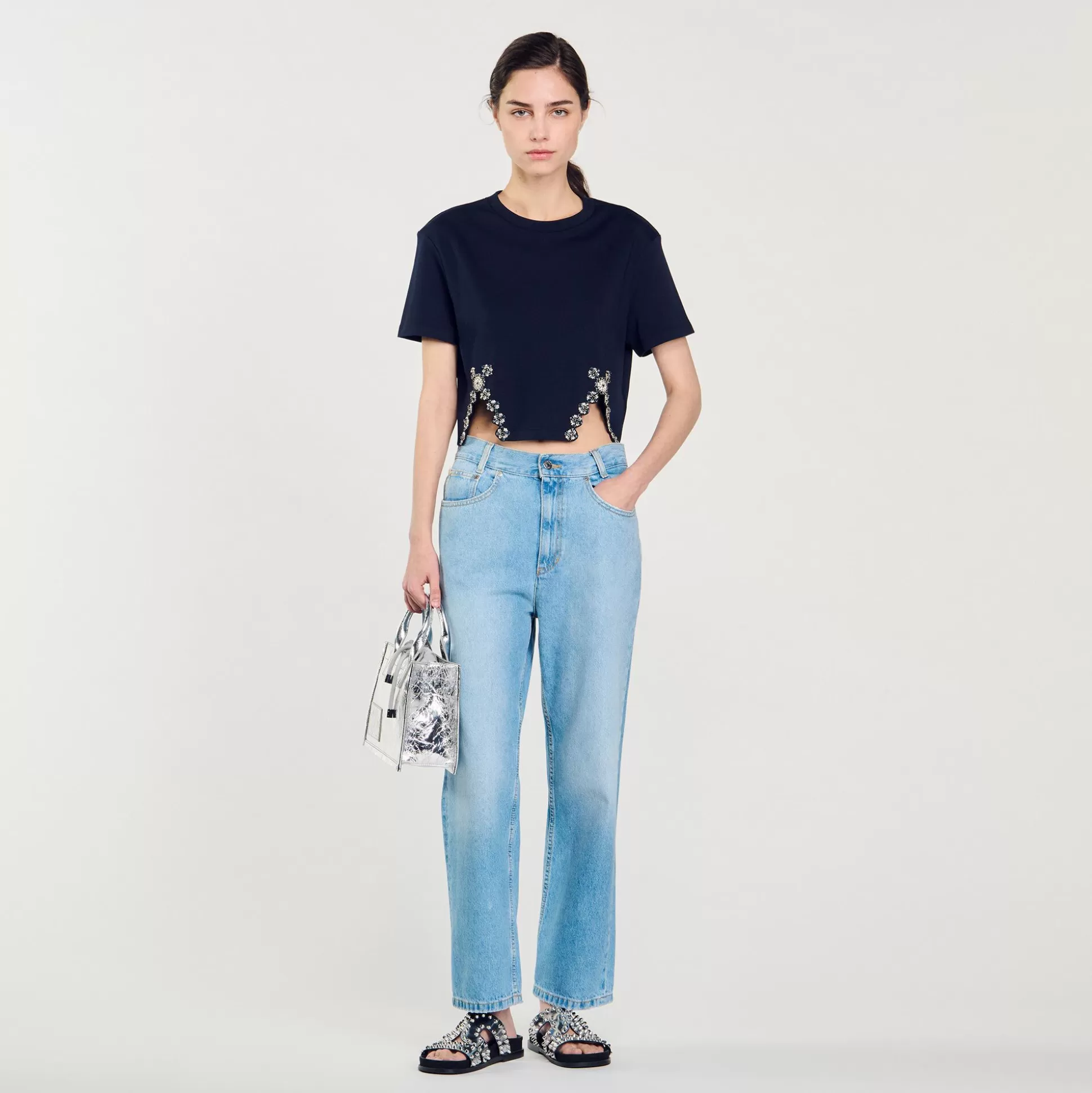 T-Shirts>Sandro Kurzes T-Shirt Mit Strass-Verzierung Marineblau