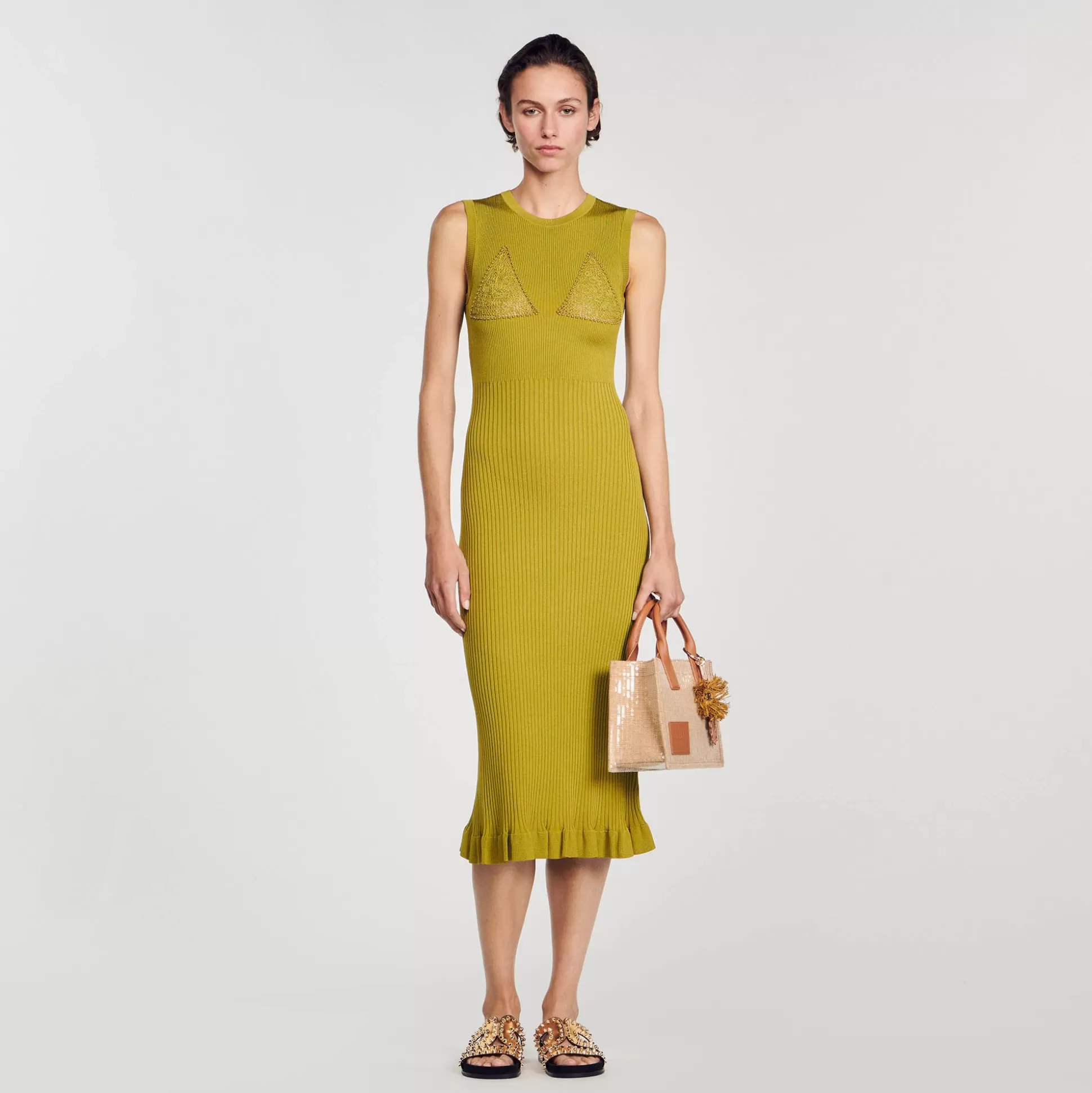 Kleider>Sandro Midikleid Aus Strick Olive Green