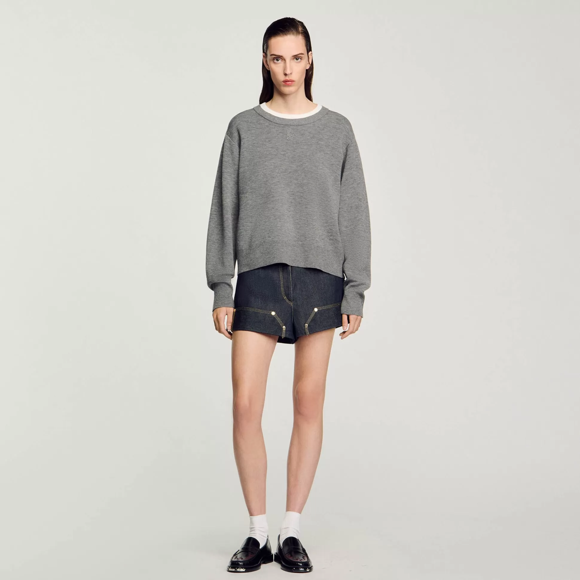 Pullovers & Cardigans>Sandro Pullover Mit Kragen In Kontrastfarbe Grau