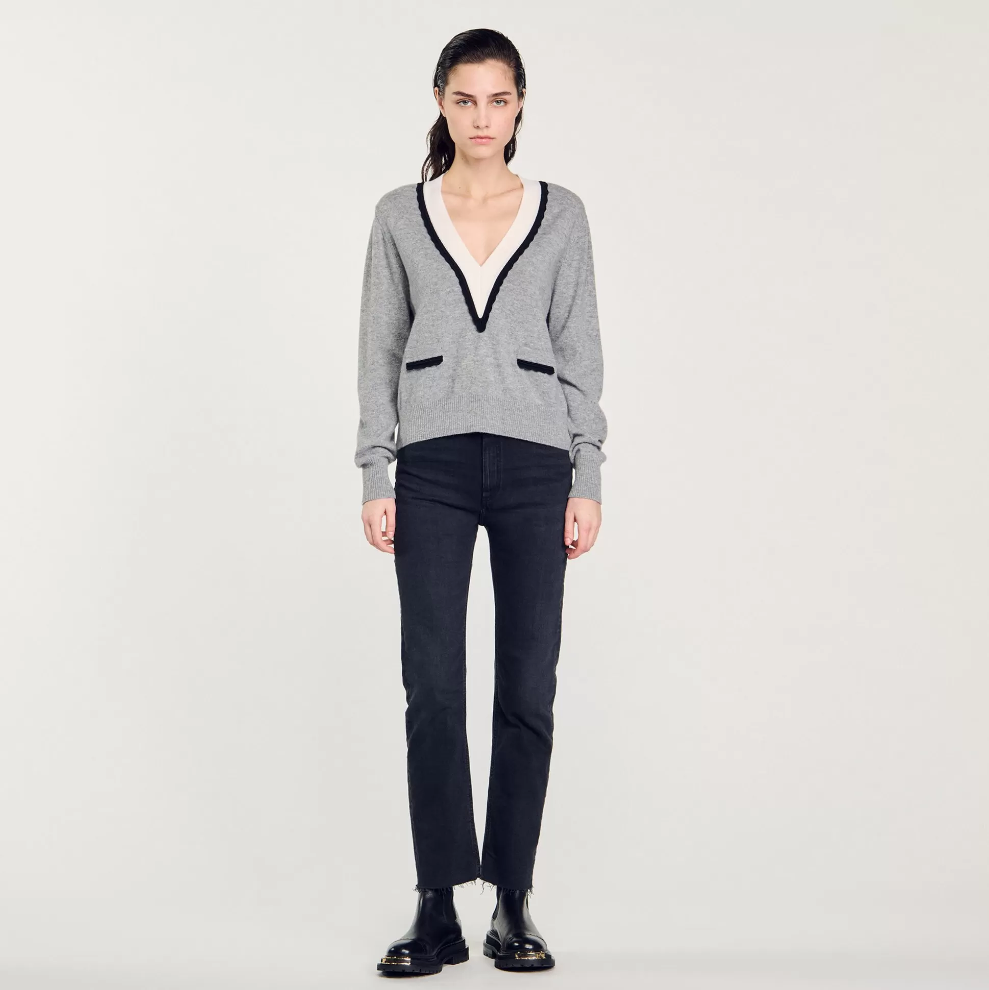 Pullovers & Cardigans>Sandro Pullover Mit Tiefem V-Ausschnitt Grau Meliert