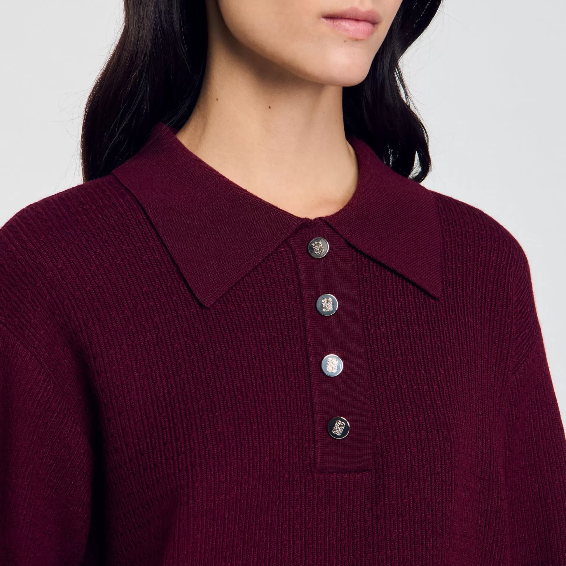 Pullovers & Cardigans>Sandro Pullover Mit Zopfmuster Und Polokragen Bordeaux