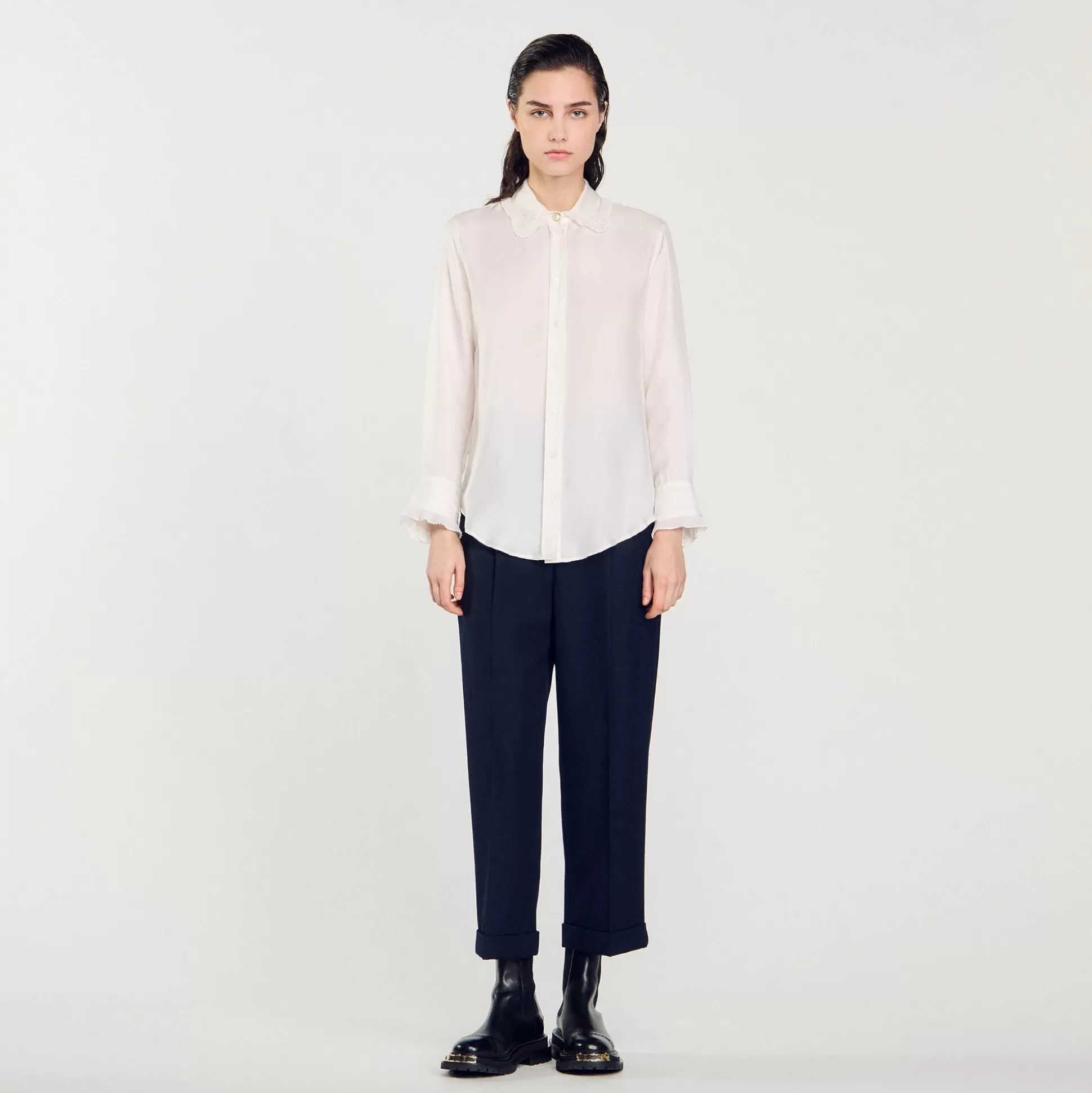 Tops & Hemden>Sandro Seidenbluse Mit Plissiertem Kragen Ecru