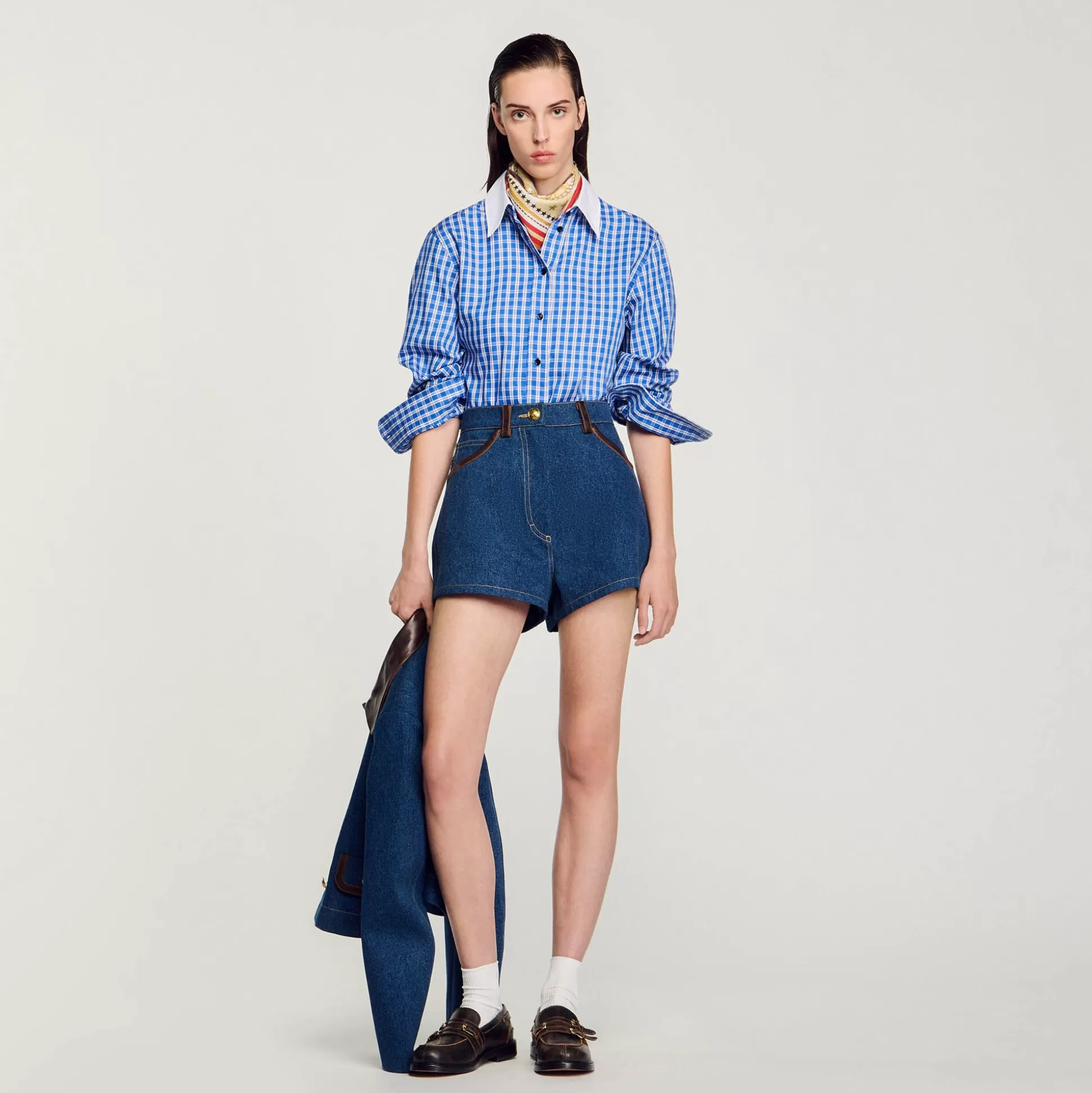 Kombiteile | Röcke & Shorts>Sandro Shorts Aus Jeansstoff Mit Lederdetails Blau