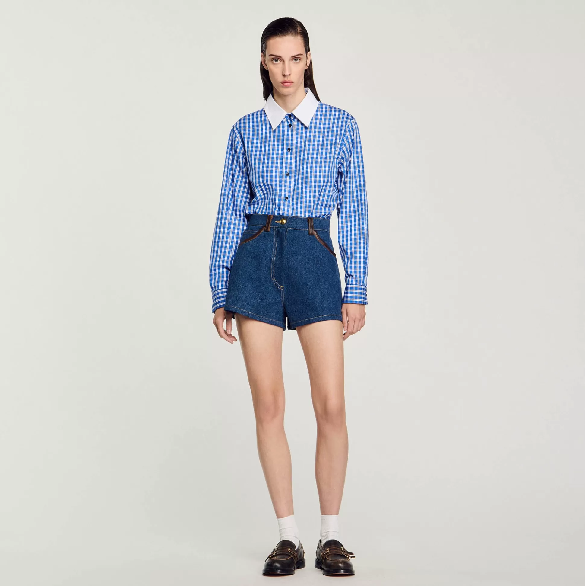 Kombiteile | Röcke & Shorts>Sandro Shorts Aus Jeansstoff Mit Lederdetails Blau