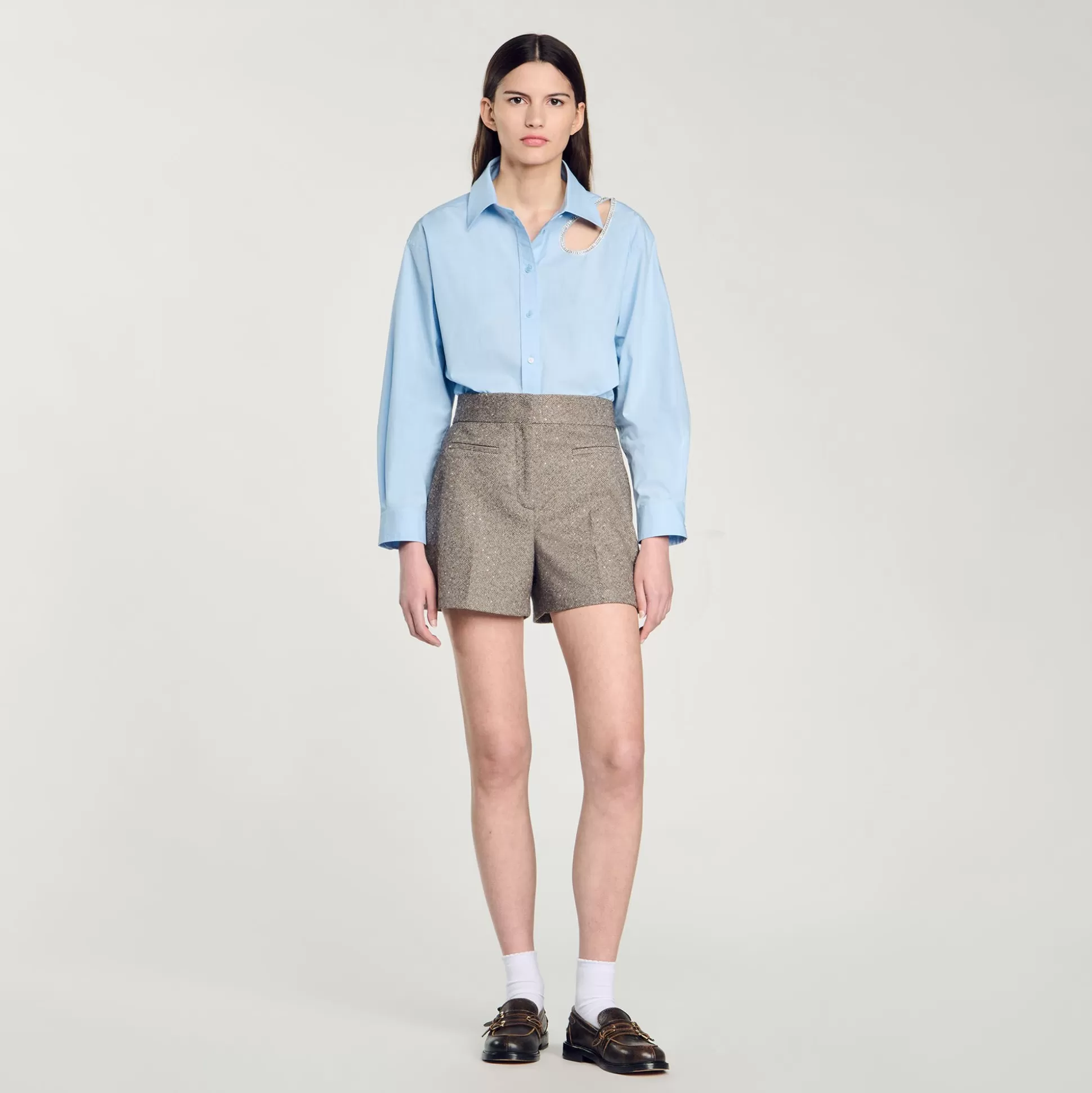 Kostüm | Röcke & Shorts>Sandro Shorts Mit Fischgrätenmuster Und Strass Beige