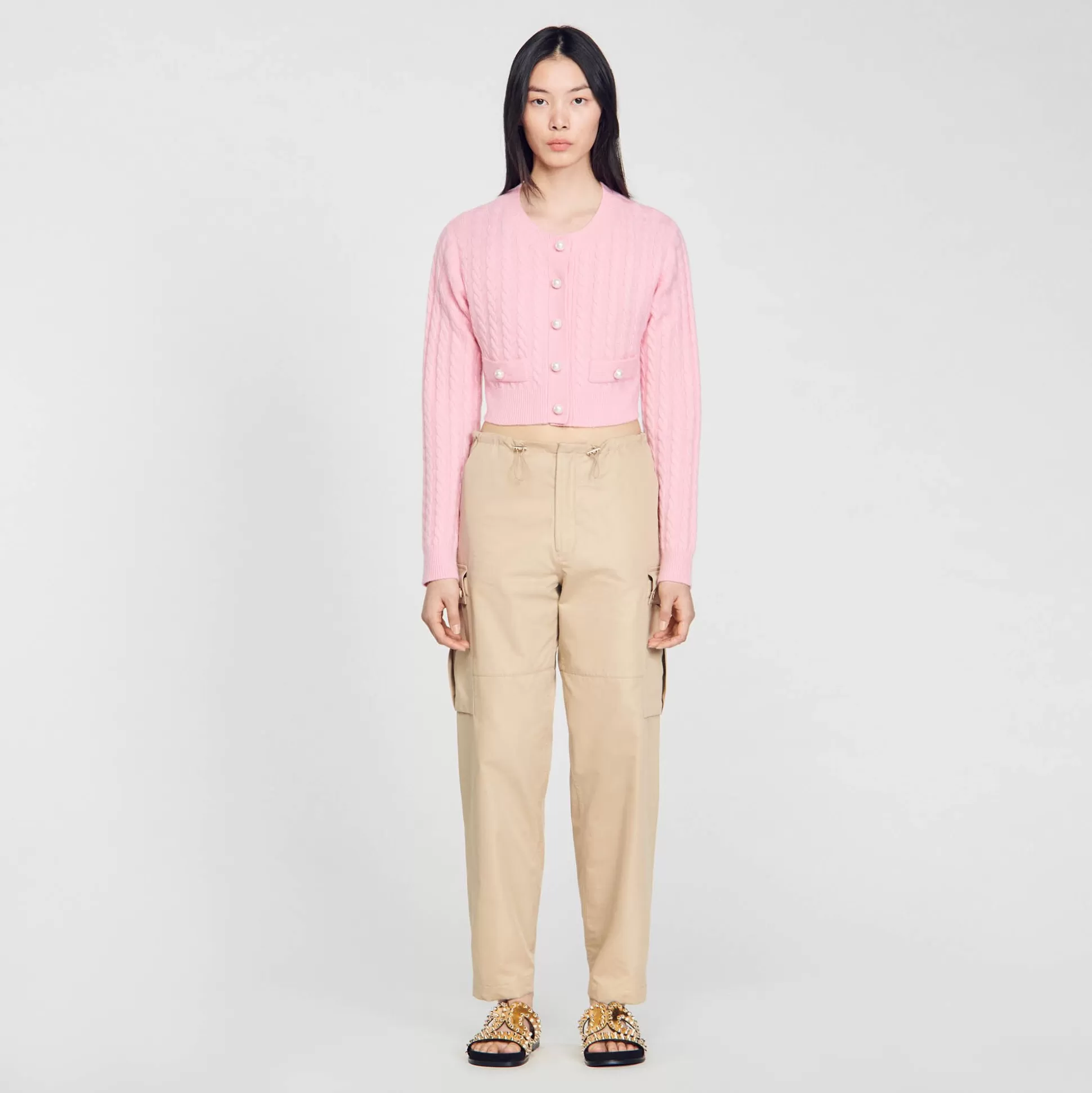 Pullovers & Cardigans>Sandro Strick-Cardicoat Mit Zopfmuster Rosa