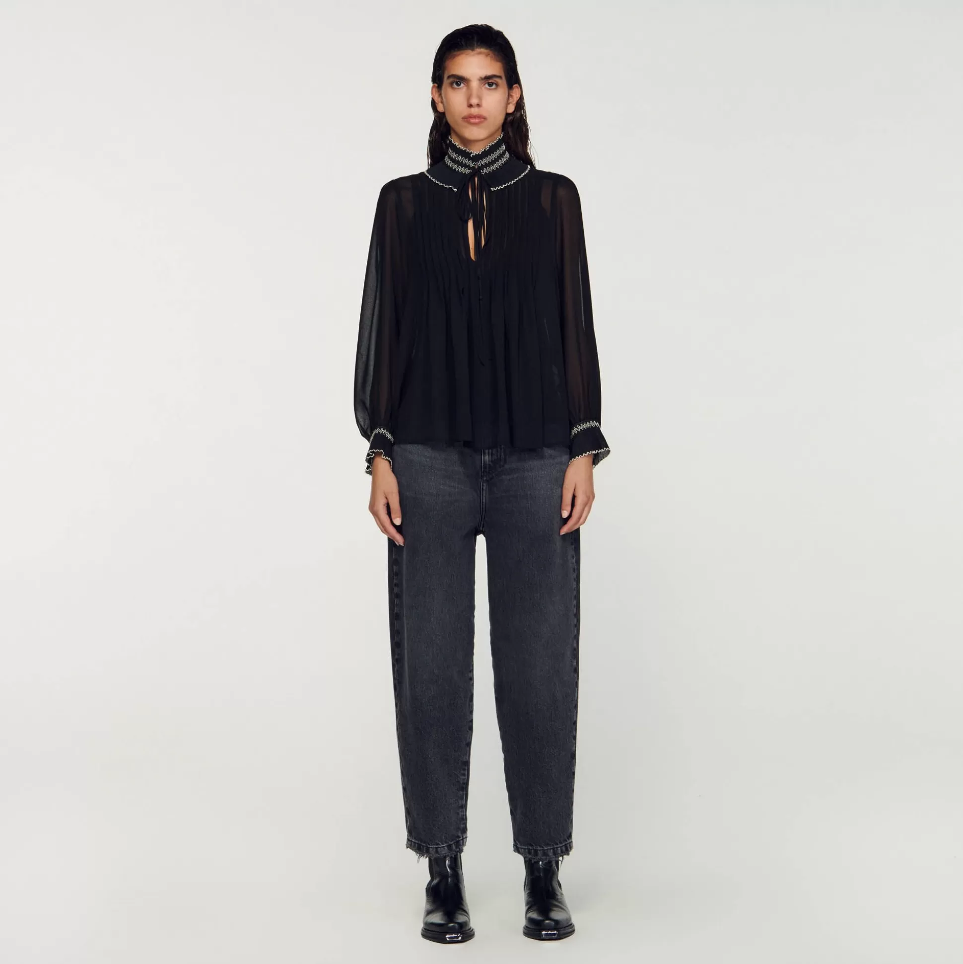 Tops & Hemden>Sandro Top Aus Musselin Schwarz