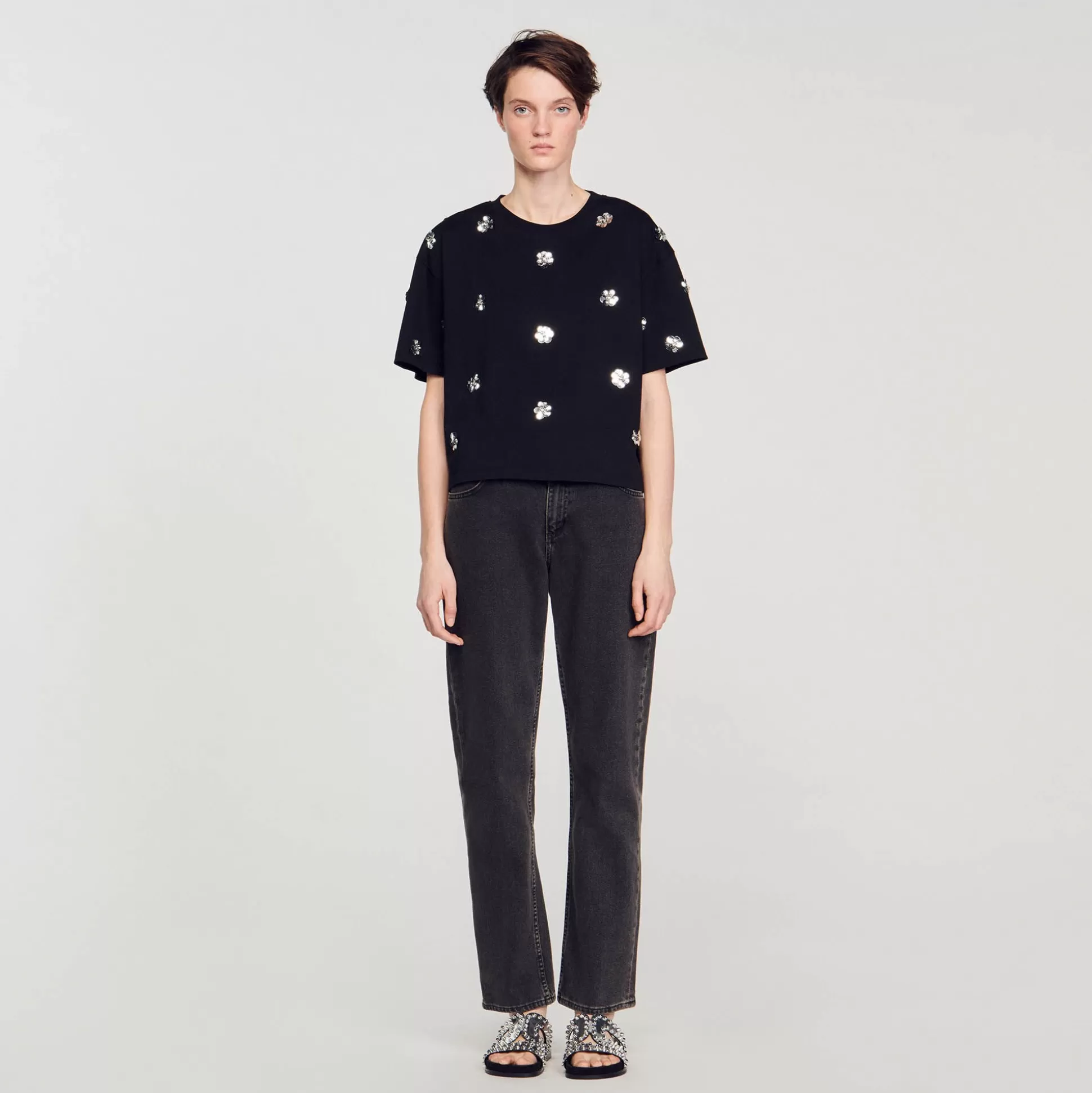 T-Shirts>Sandro T-Shirt Mit Pailletten-Blumen Schwarz