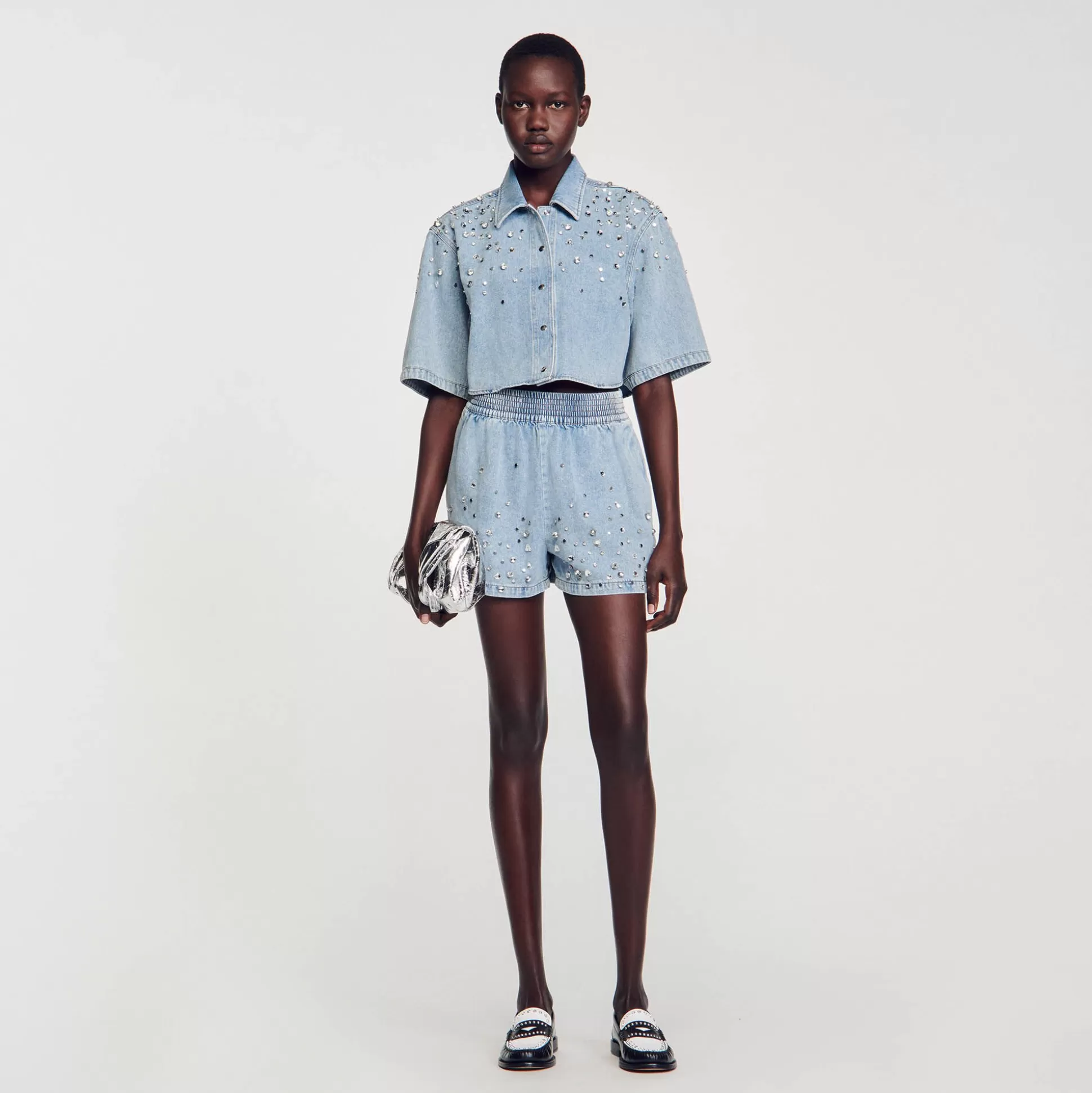 Kombiteile | Röcke & Shorts>Sandro Weite Shorts Aus Denim Mit Strass Hell-Jeansblau