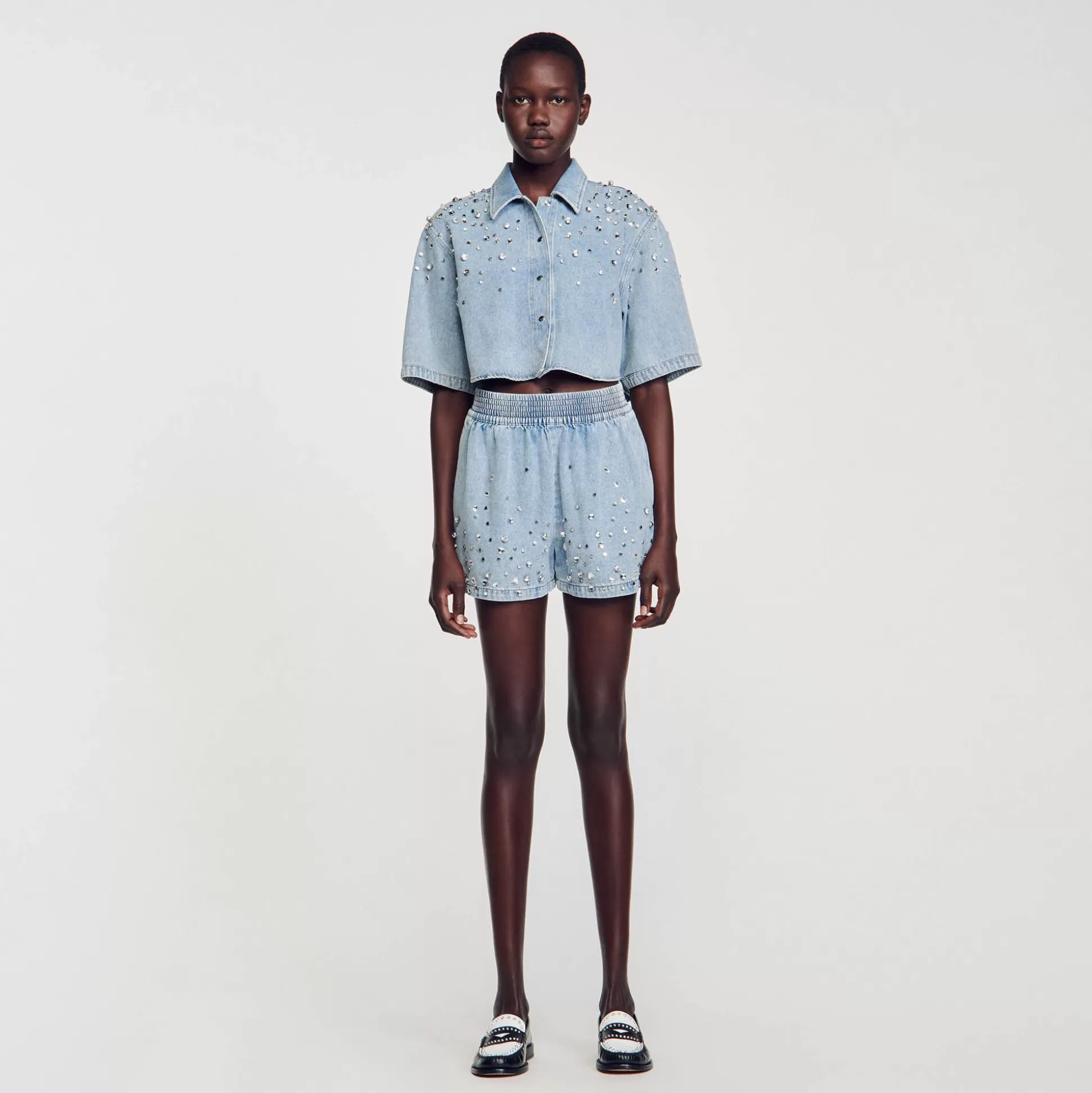 Kombiteile | Röcke & Shorts>Sandro Weite Shorts Aus Denim Mit Strass Hell-Jeansblau